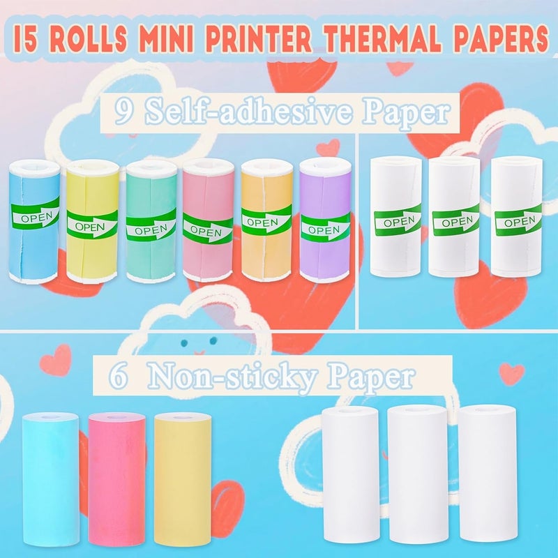 OMGFUNAA 15 Rolls 2-in-1 Mini Printer Paper - 9 Sticky Rolls & 6 Plain Rolls Compatible with M02/T02 Printers(Remove Inner Paper Holder), Thermal Sticker Paper for Photos, Lists, Study Notes & Scrapbooking - Image 2